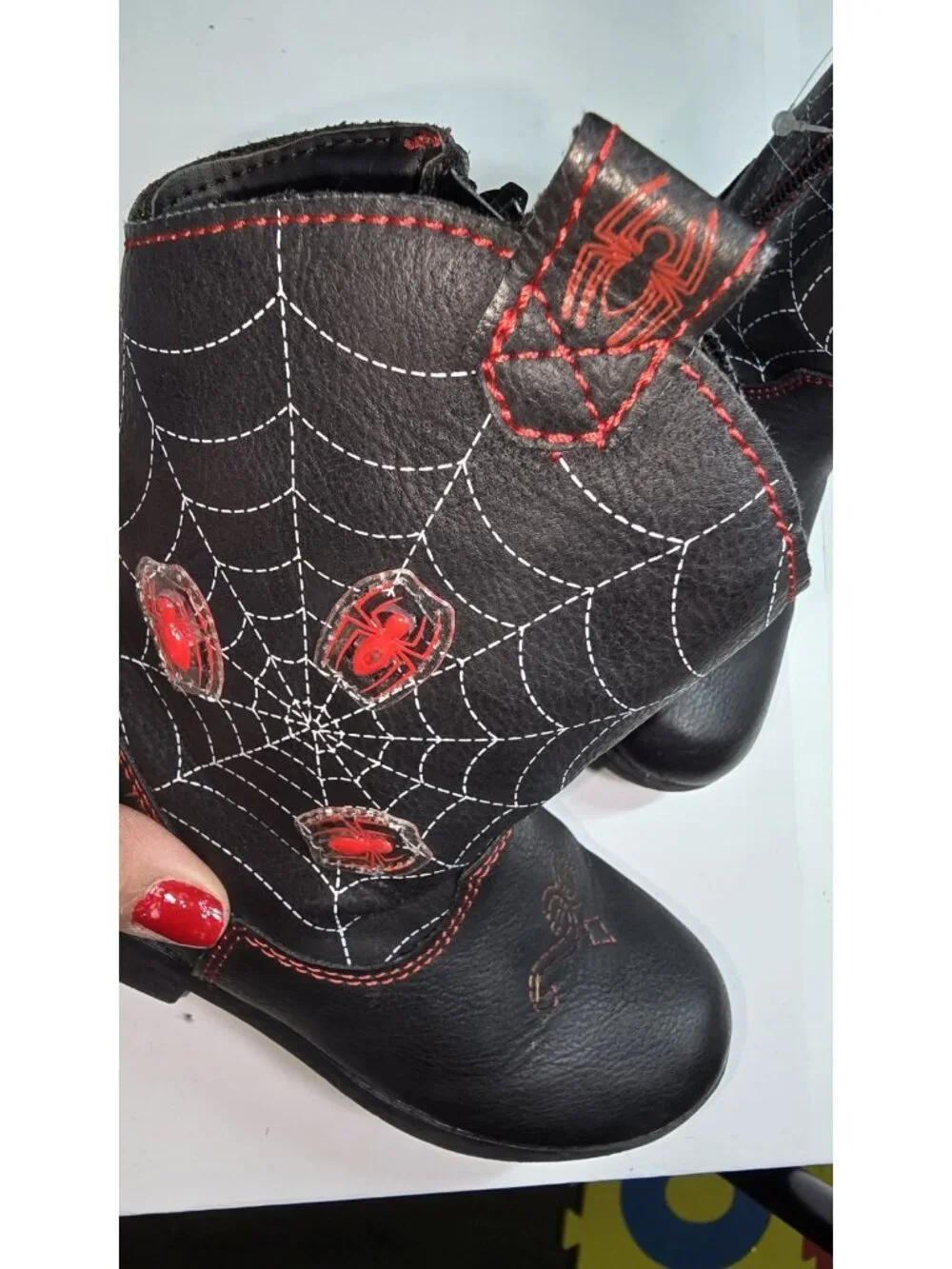 Marvel Spider-Man Kids Black Cowboy Boots W/ Red Spider Web Design Size 8